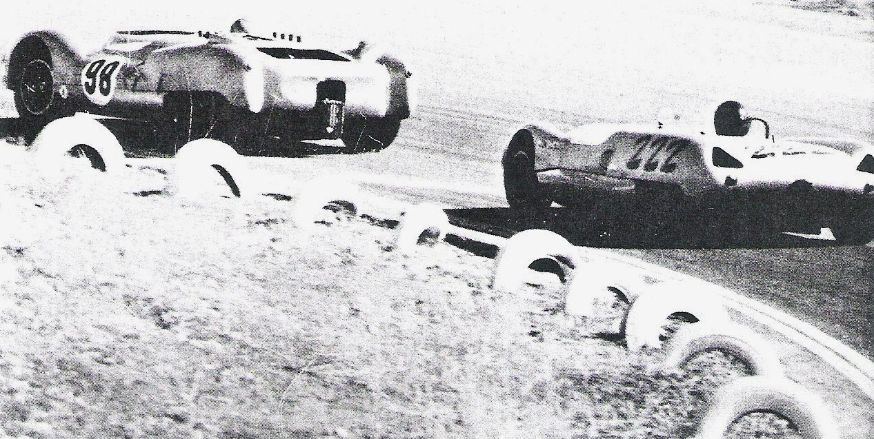 Dave MacDonald shoots past Scottland's Jimmy Clark to put the World Driving Champion 3 laps back at riverside 1963